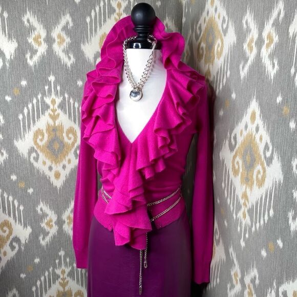 Ralph Lauren Blue Label Fuchsia Italian Cashmere Ruffle Front Cardigan Sweater - Picture 1 of 16